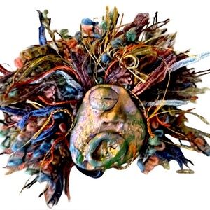 Vintage LaBelle Artisan Teztile with Ceramic Face Brooch